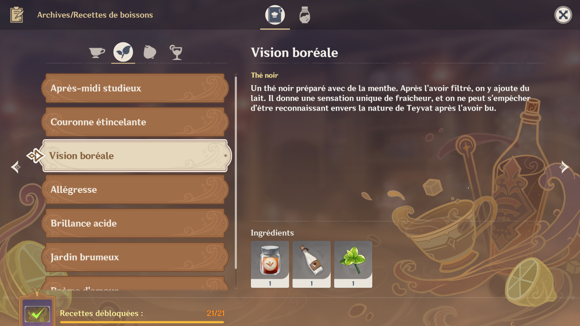 Vision boréale Genshin Impact, recette de la boisson