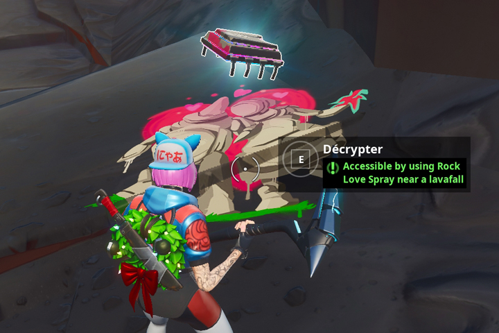 Fortnite : Utiliser le spray couple de pierre près d'une cascade de lave, puce 92 défis Décryptage
