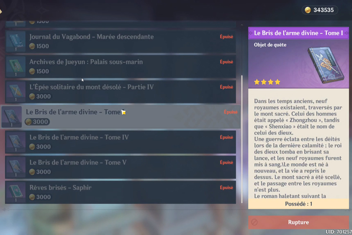 Le Bris de l'arme divine Genshin Impact, où trouver les tomes ?