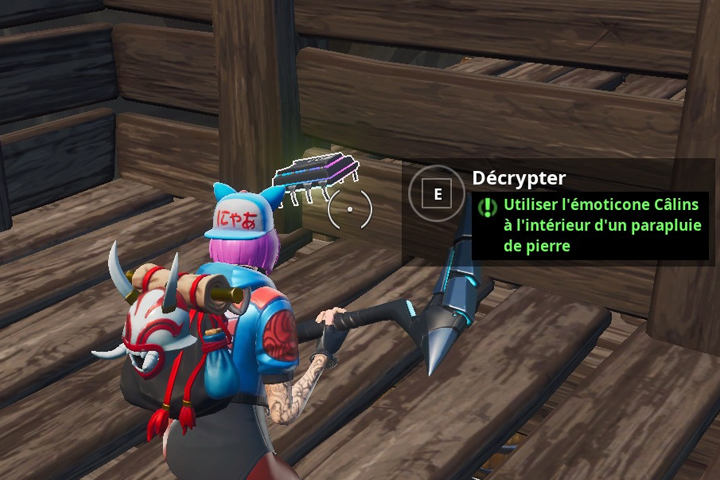 Fortnite : Utiliser l'émoticone Câlins à l'intérieur d'un parapluie de pierre, puce 7 défis Décryptage
