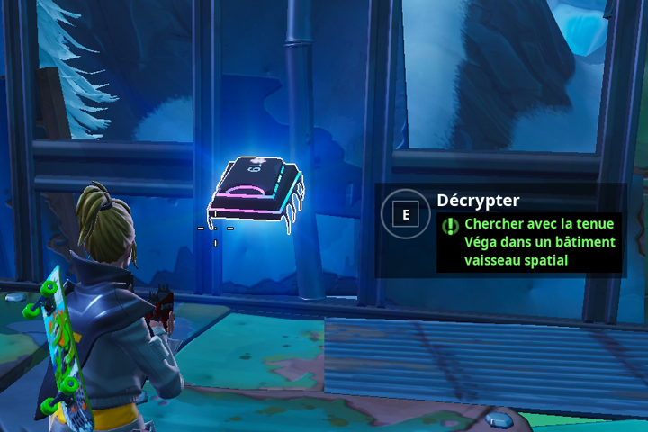 Fortnite : Puce 19 Décryptage, Chercher avec la tenue Véga dans un bâtiment vaisseau spatial, Défi