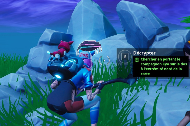 Fortnite : Puce 32 Décryptage, chercher en portant le compagnon Kyo sur le dos à l'extrémité nord de la carte, Défi