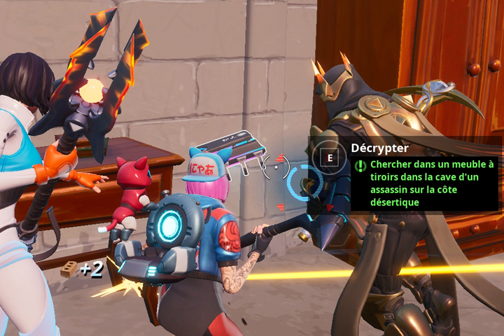 Fortnite : Puce 74 Décryptage, chercher dans un meuble à tiroirs dans la cave d'un assassin sur la côte désertique, Défi