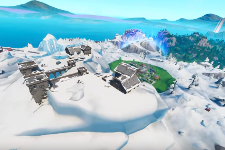 Fortnite : Atterrir à Polar Peak, sur un volcan et en haut d'une colline avec un cercle d'arbres, défi Course Tempétueuse, guide pour le réaliser