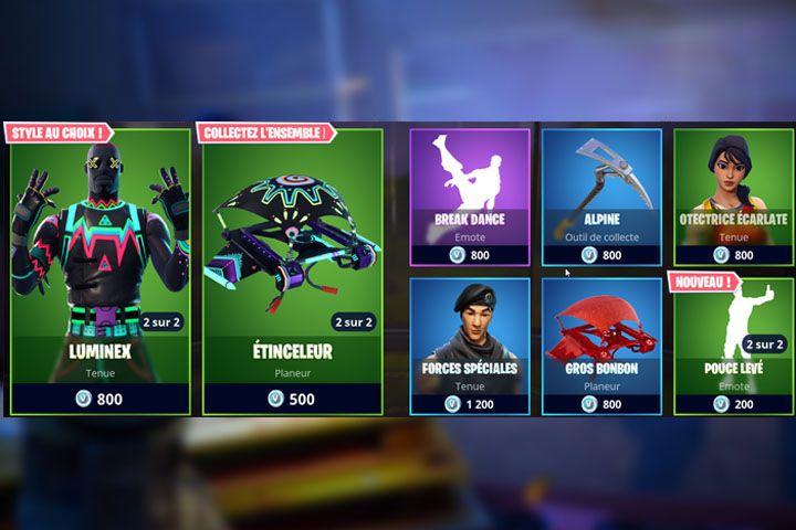 Boutique Fortnite 5 mai avec skin Luminex et étinceleur