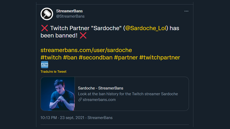 Sardoche ban Twitch, combien de temps et pourquoi ?