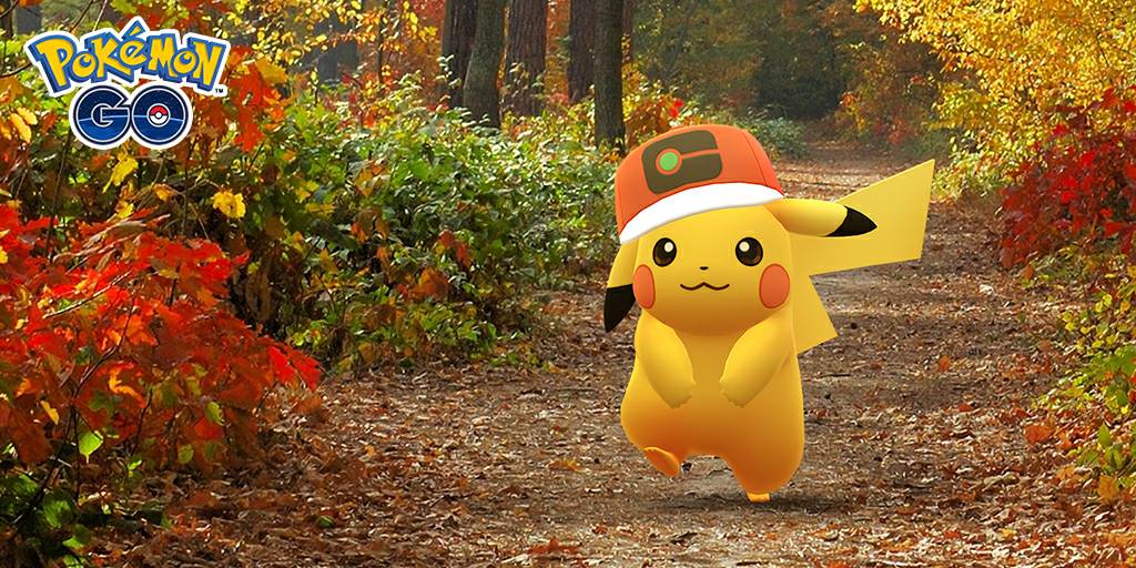 Pikachu à Casquette Monde et shiny dans les Heures de Pokémon Vedette d'octobre sur Pokémon GO