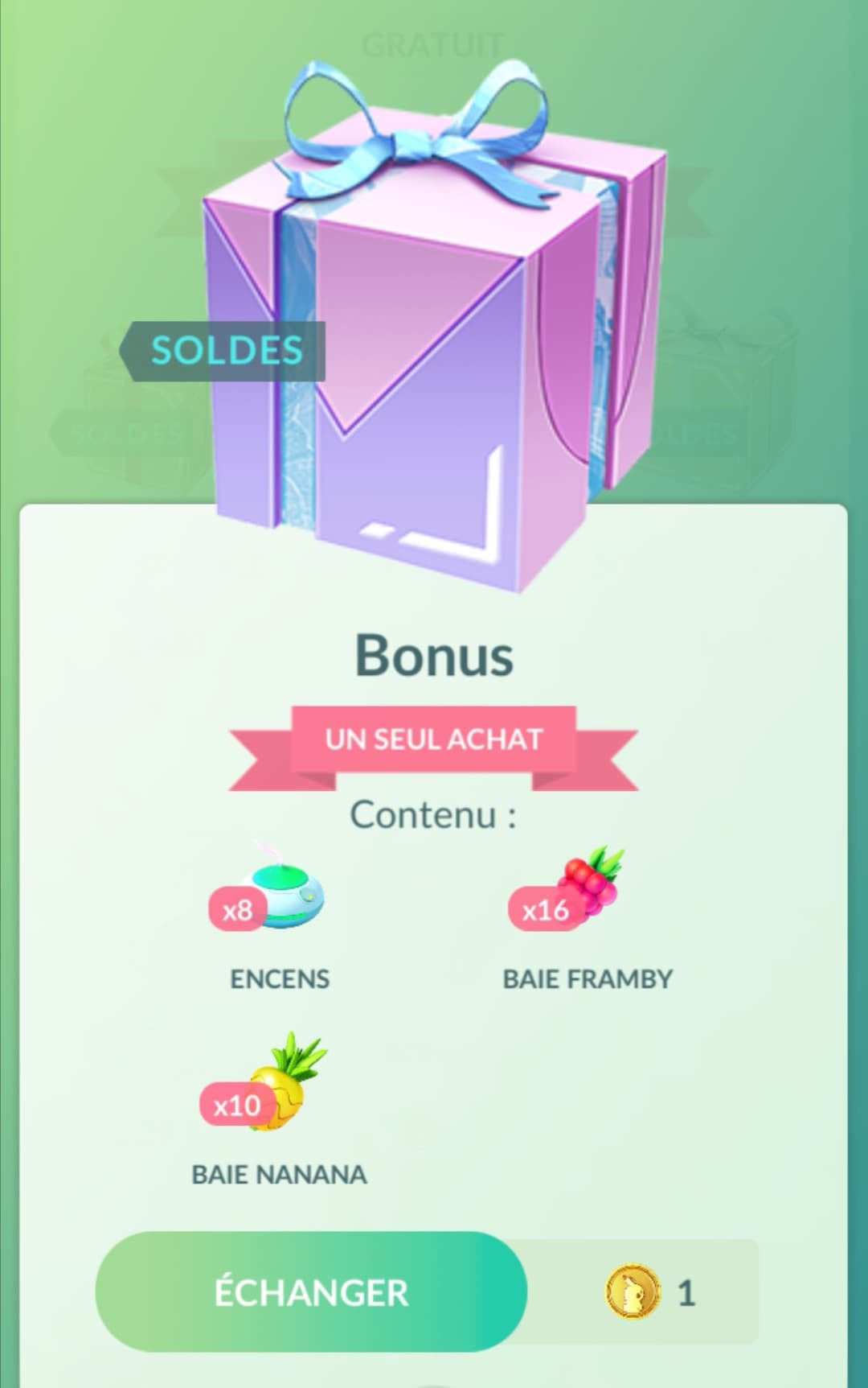 Boîte cadeau en promo sur Pokémon GO : Obtenez 1 Encens, 16 Baies Framby, 10 Baies Nanana