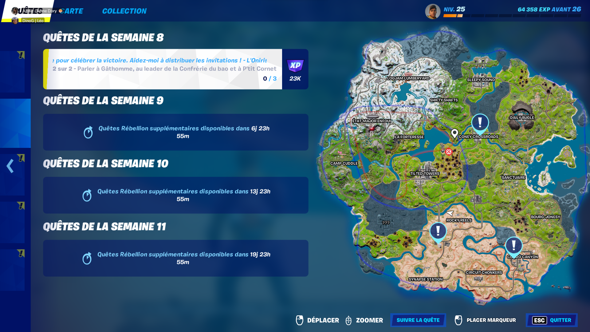 Parler à Gathômme, au leader de la Confrérie du bao et P'tit cornet, défi Fortnite semaine 8 saison 2 chapitre 3