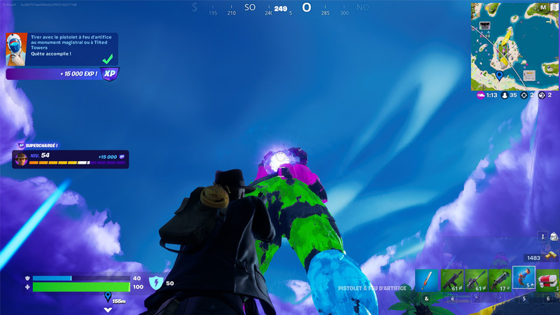 Tirer avec le pistolet à feu d'artifice au monument magistral ou à Tilted Towers dans Fortnite, défi Eté au calme